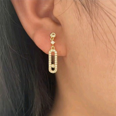 Gold Plated CZ Stud Earrings with Dangling Messika-Inspired CZ Charm Design