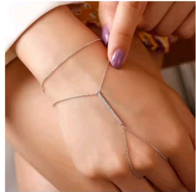 Woman Double Silver Ring Bracelet Hand Chain Beautiful 2” CZ Focal Strip