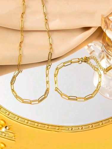Gold Stainless steel 6mm Long Link chain necklace Bracelet Fashion Jewelry Set