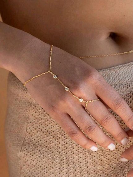 Jeweled Hand Chain Bracelet 14K Plated Gold Stack Finger Ring Silver Available